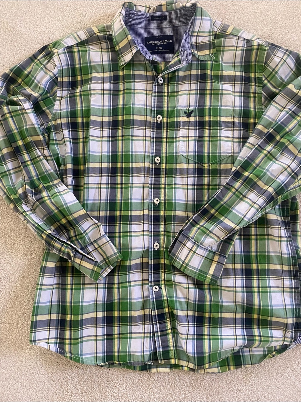 American Eagle Outfitters Green and White Plaid Button-Up Shirt